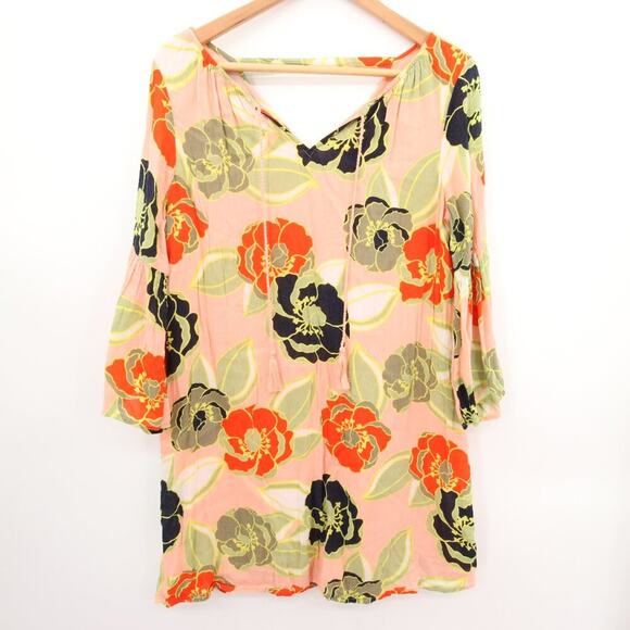 crown & ivy Dresses & Skirts - Crown & Ivy Dress Peach Floral Pattern Tassel V Neck Sundress Bell Sleeve Double